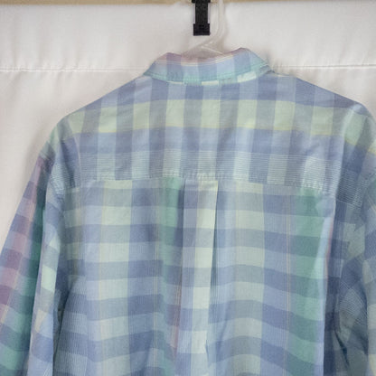 Laura Gayle vintage pastel blue pink plaid shirt with button front, single chest pocket, long sleeves, and collar, shown front and back views image 8