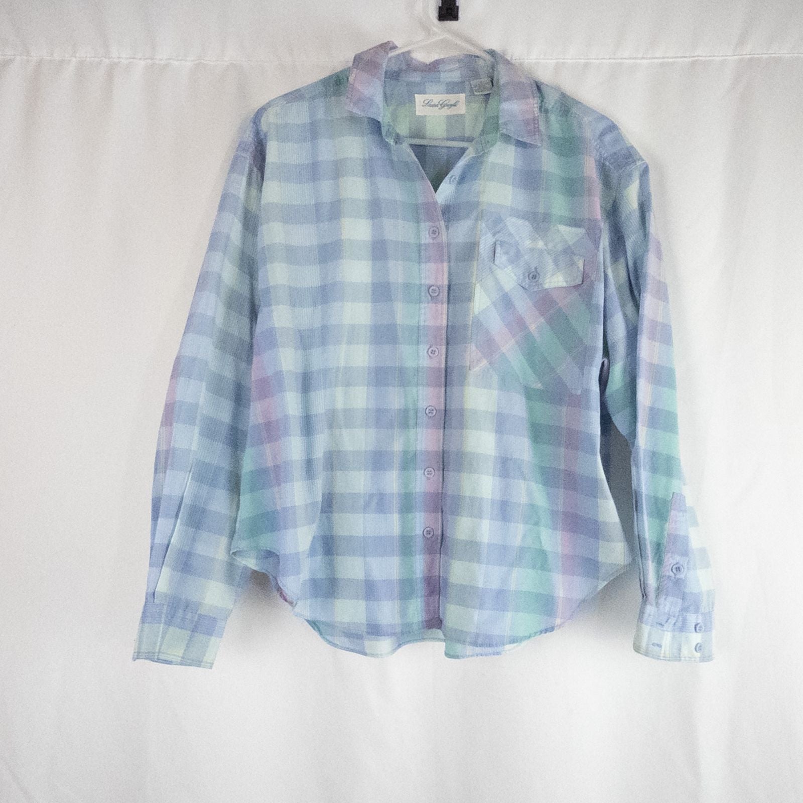 Laura Gayle vintage pastel blue pink plaid shirt with button front, single chest pocket, long sleeves, and collar, shown front and back views