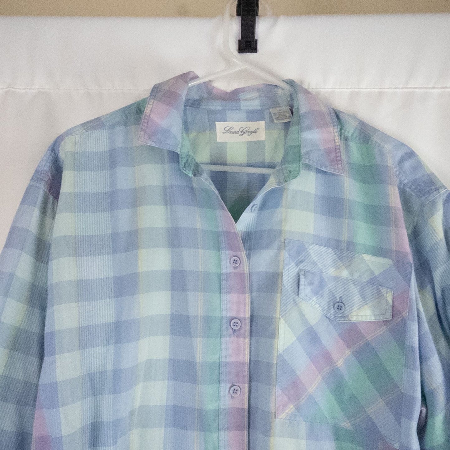 Laura Gayle vintage pastel blue pink plaid shirt with button front, single chest pocket, long sleeves, and collar, shown front and back views image 2