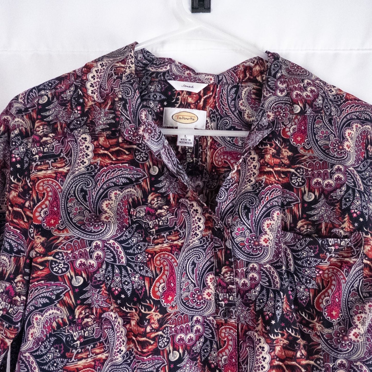 Talbots maximalist Santa Claus paisley print pink and red women's long sleeve button shirt hanging on white hanger image 2