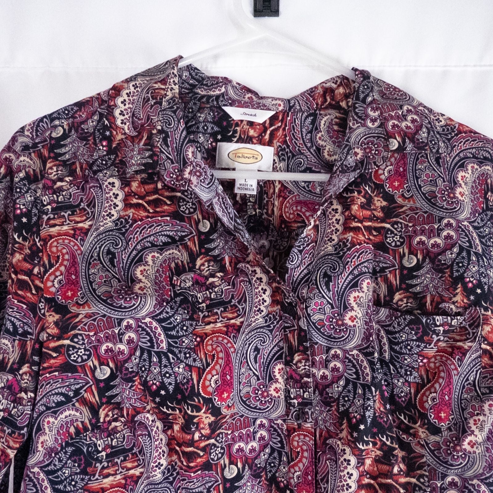 Talbots maximalist Santa Claus paisley print pink and red women's long sleeve button shirt hanging on white hanger image 2