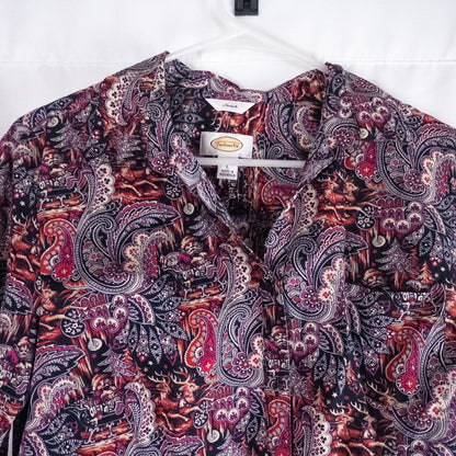 Talbots maximalist Santa Claus paisley print pink and red women's long sleeve button shirt hanging on white hanger image 2