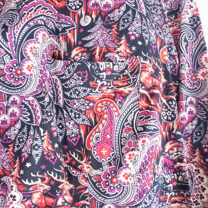 Talbots maximalist Santa Claus paisley print pink and red women's long sleeve button shirt hanging on white hanger image 3