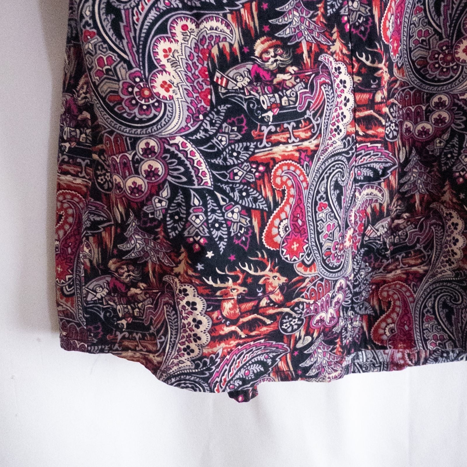 Talbots maximalist Santa Claus paisley print pink and red women's long sleeve button shirt hanging on white hanger image 6
