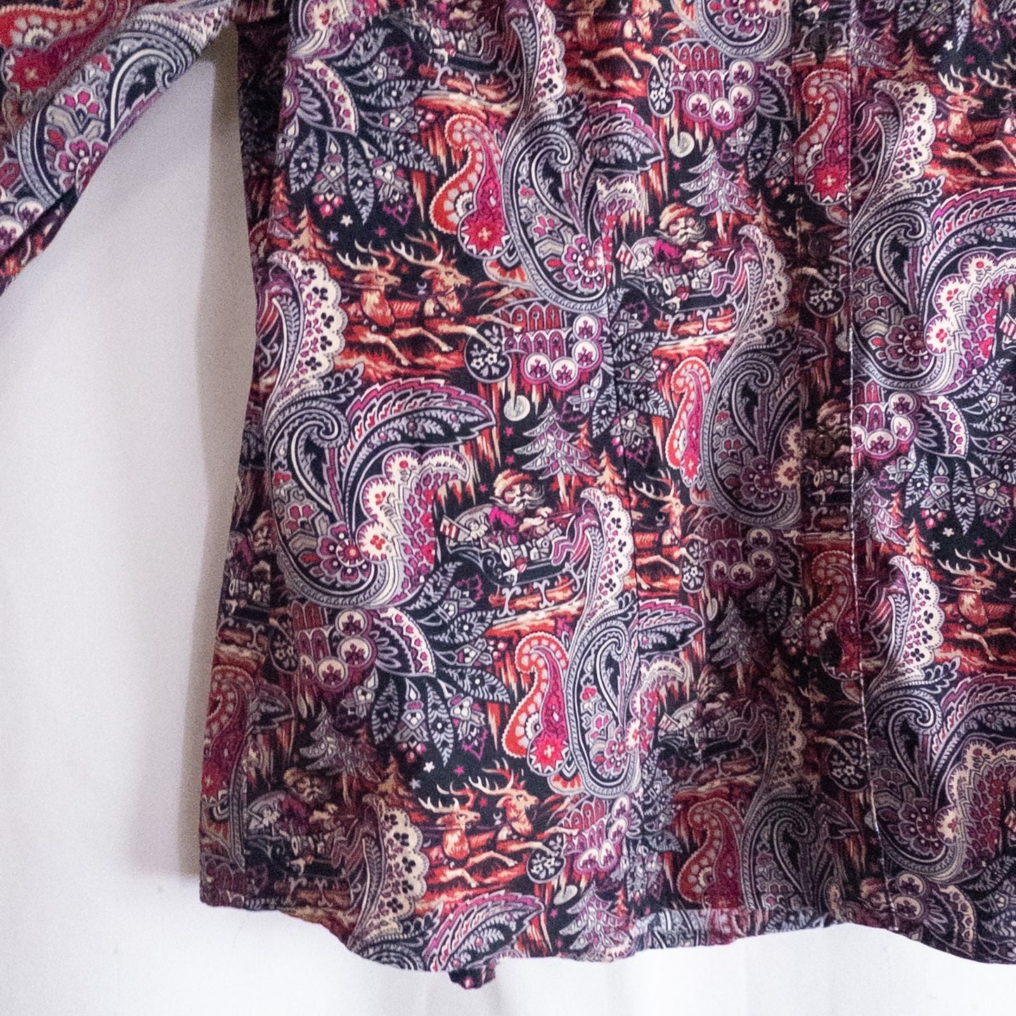 Talbots maximalist Santa Claus paisley print pink and red women's long sleeve button shirt hanging on white hanger image 5
