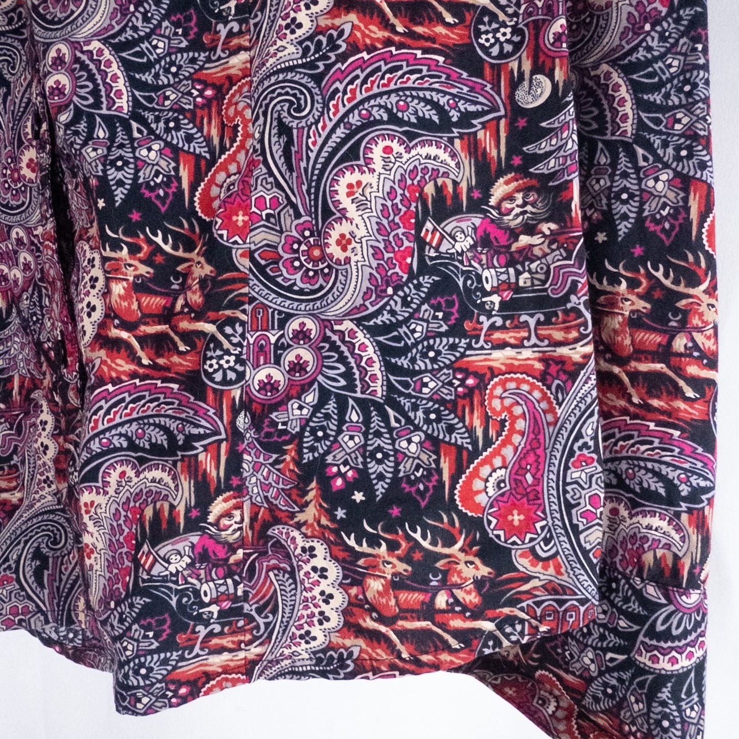 Talbots maximalist Santa Claus paisley print pink and red women's long sleeve button shirt hanging on white hanger image 7