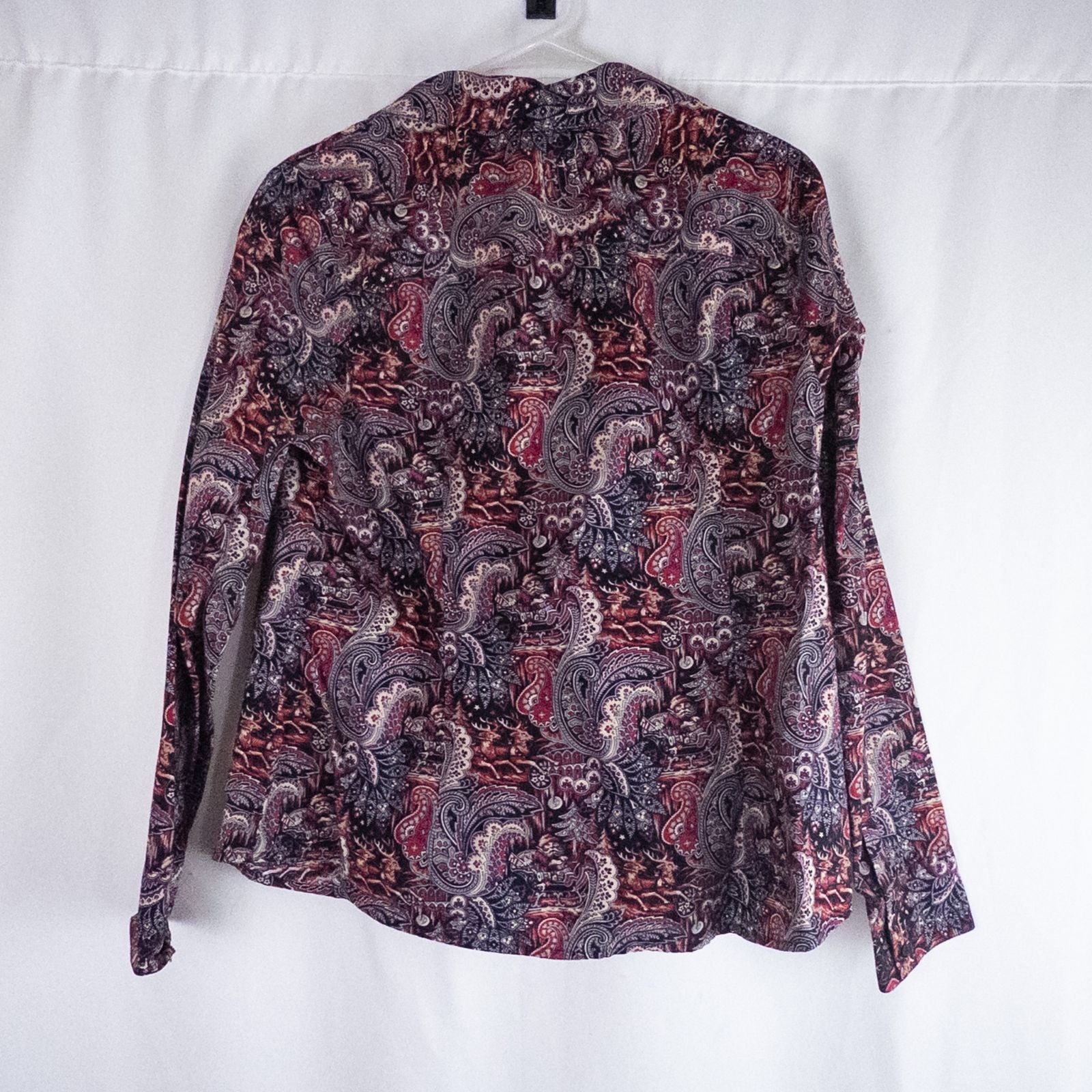 Talbots maximalist Santa Claus paisley print pink and red women's long sleeve button shirt hanging on white hanger image 8