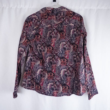 Talbots maximalist Santa Claus paisley print pink and red women's long sleeve button shirt hanging on white hanger image 8