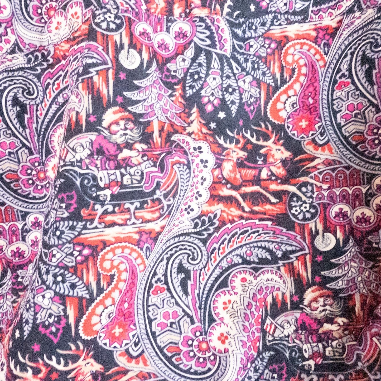 Talbots maximalist Santa Claus paisley print pink and red women's long sleeve button shirt hanging on white hanger image 4