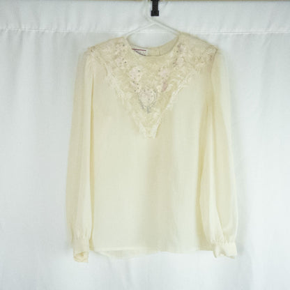 Synergy vintage ivory floral lace sheer blouse with long sleeves and embroidered lace bib front