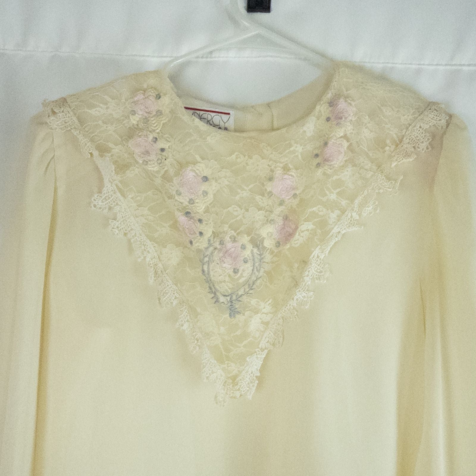 Synergy vintage ivory floral lace sheer blouse with long sleeves and embroidered lace bib front image 2