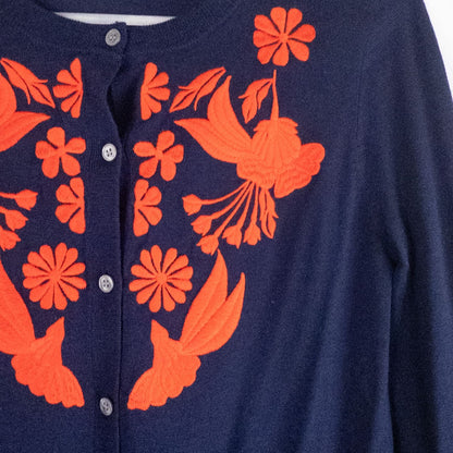 J Crew navy blue cardigan sweater with red embroidered floral design on front, button closure, long sleeves, and crew neck. image 3