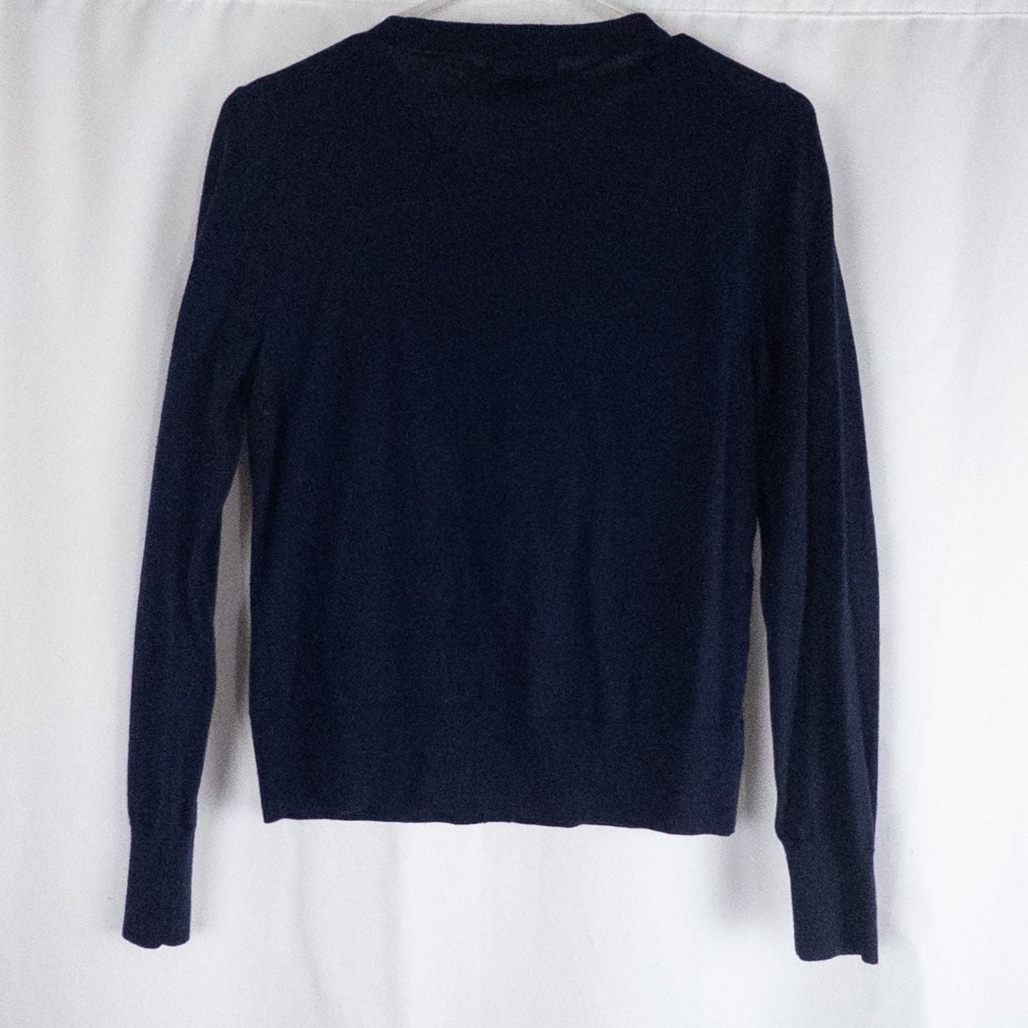 J Crew navy blue cardigan sweater with red embroidered floral design on front, button closure, long sleeves, and crew neck. image 5