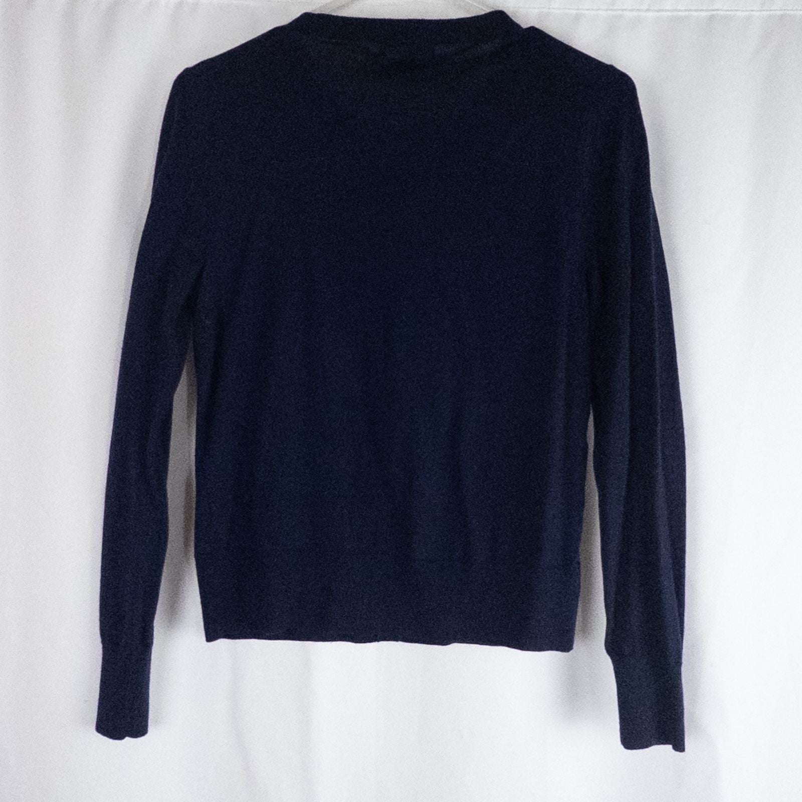 J Crew navy blue cardigan sweater with red embroidered floral design on front, button closure, long sleeves, and crew neck. image 5