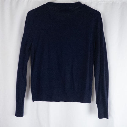 J Crew navy blue cardigan sweater with red embroidered floral design on front, button closure, long sleeves, and crew neck. image 5