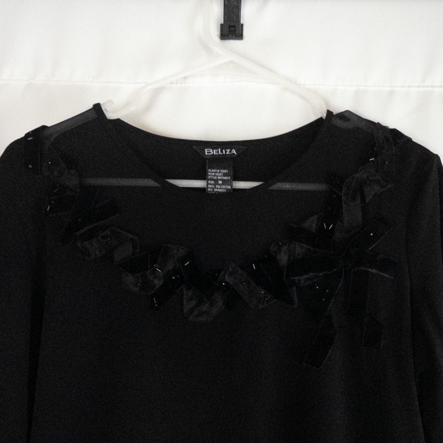 Beliza black velvet womens medium top with long sleeves and decorative velvet ribbon and bead trim at neckline on white hanger image 2