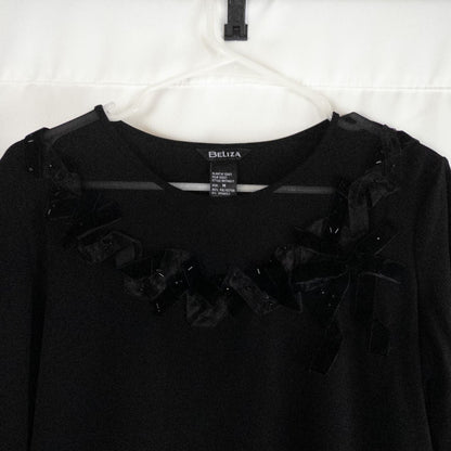 Beliza black velvet womens medium top with long sleeves and decorative velvet ribbon and bead trim at neckline on white hanger image 2