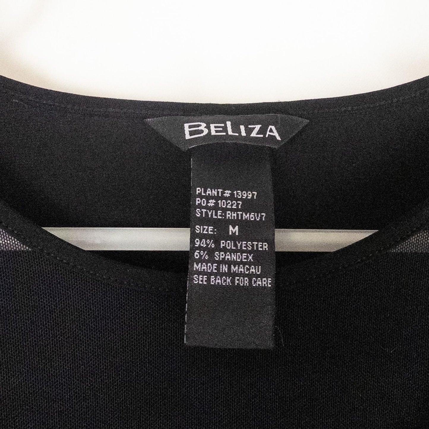 Beliza black velvet womens medium top with long sleeves and decorative velvet ribbon and bead trim at neckline on white hanger image 8