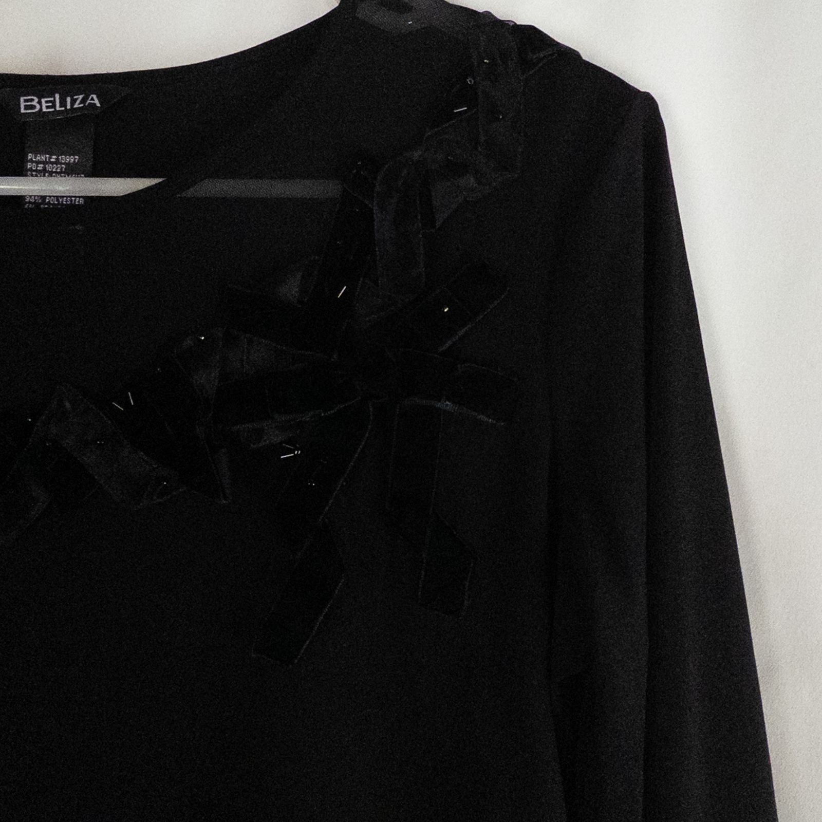 Beliza black velvet womens medium top with long sleeves and decorative velvet ribbon and bead trim at neckline on white hanger image 5