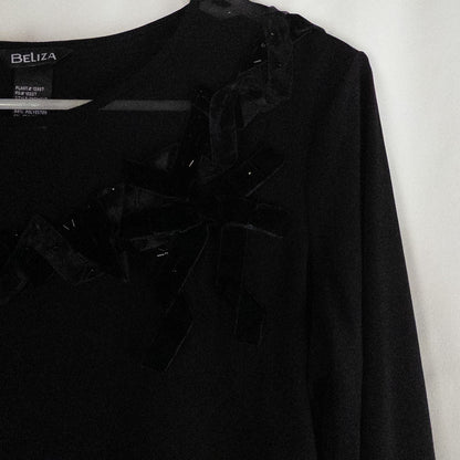 Beliza black velvet womens medium top with long sleeves and decorative velvet ribbon and bead trim at neckline on white hanger image 5