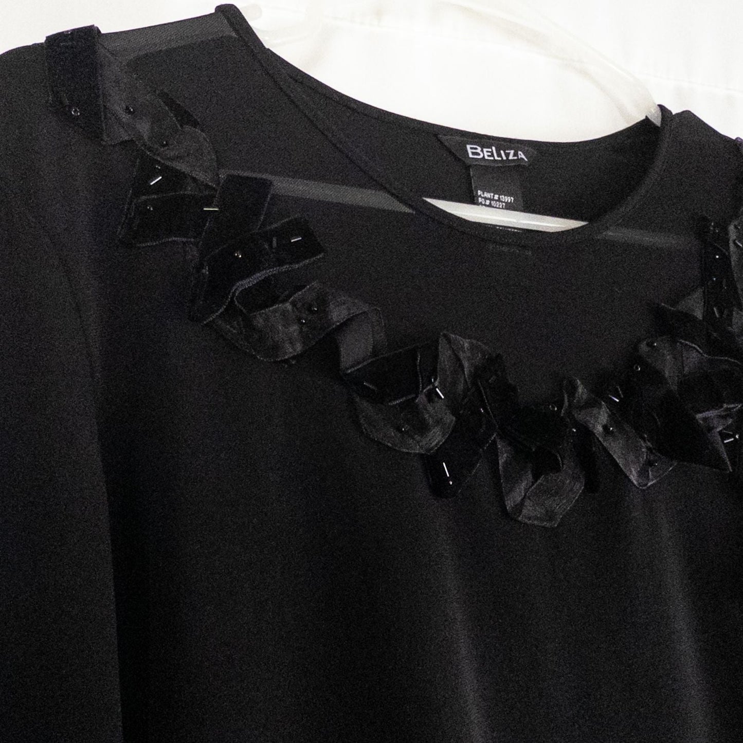 Beliza black velvet womens medium top with long sleeves and decorative velvet ribbon and bead trim at neckline on white hanger image 3