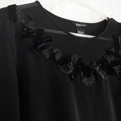 Beliza black velvet womens medium top with long sleeves and decorative velvet ribbon and bead trim at neckline on white hanger image 3