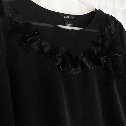 Beliza black velvet womens medium top with long sleeves and decorative velvet ribbon and bead trim at neckline on white hanger image 4