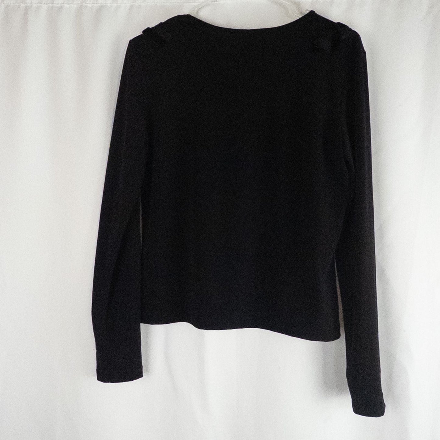 Beliza black velvet womens medium top with long sleeves and decorative velvet ribbon and bead trim at neckline on white hanger image 7