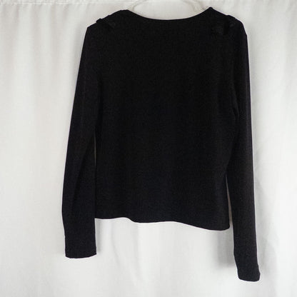 Beliza black velvet womens medium top with long sleeves and decorative velvet ribbon and bead trim at neckline on white hanger image 7