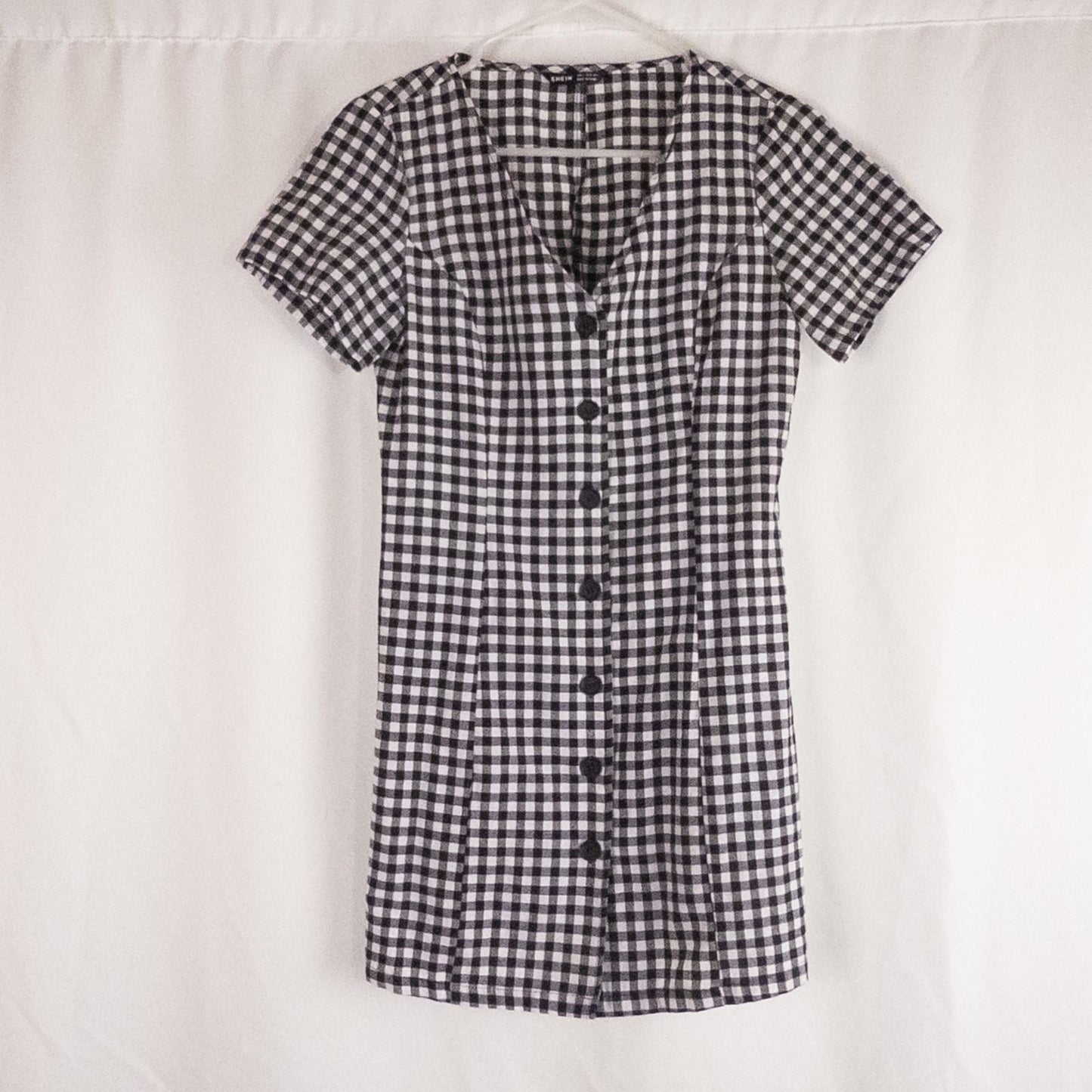 Shein black and white checkered tunic mini dress with button front and short sleeves