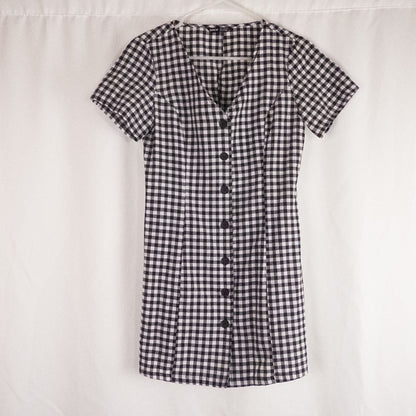 Shein black and white checkered tunic mini dress with button front and short sleeves