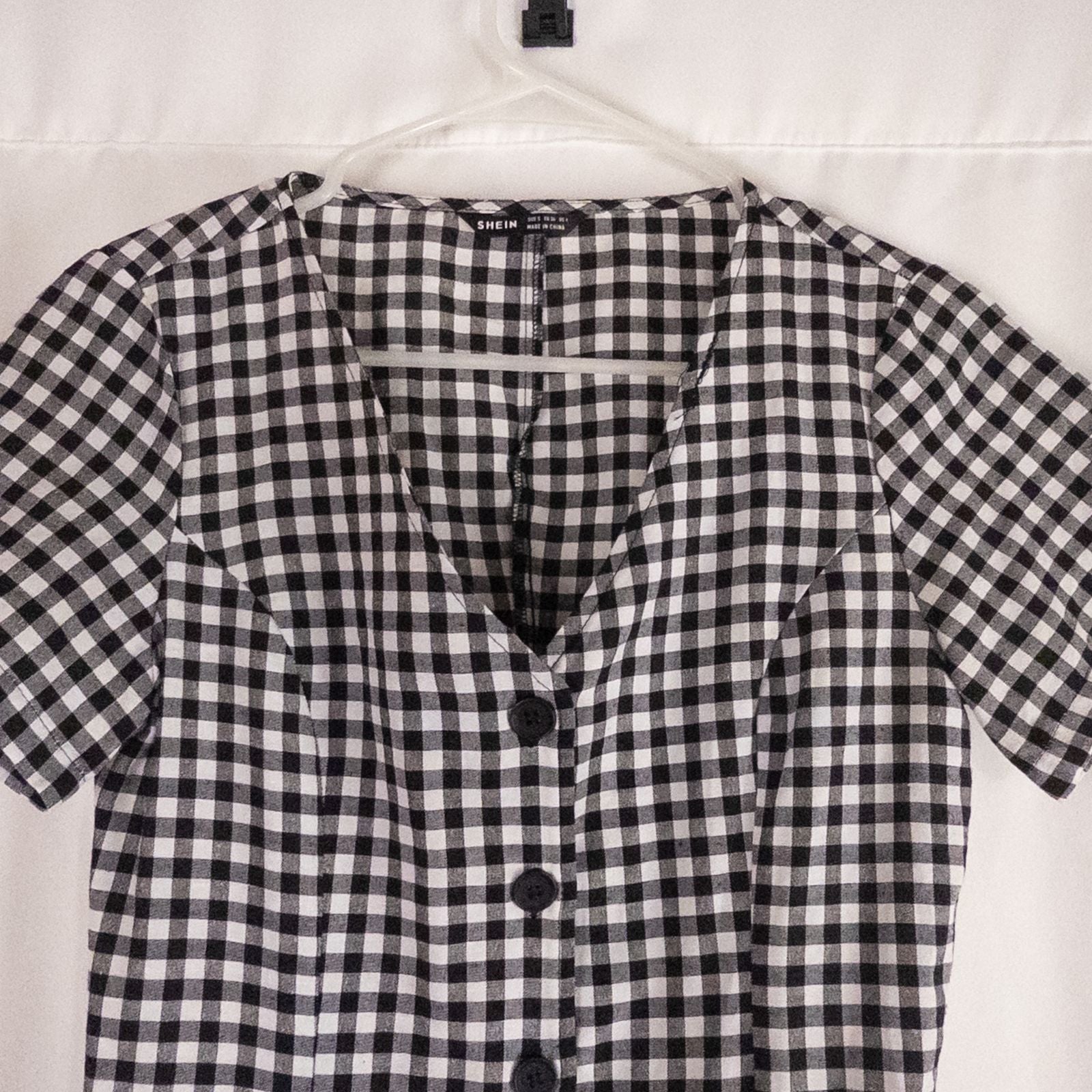 Shein black and white checkered tunic mini dress with button front and short sleeves image 2