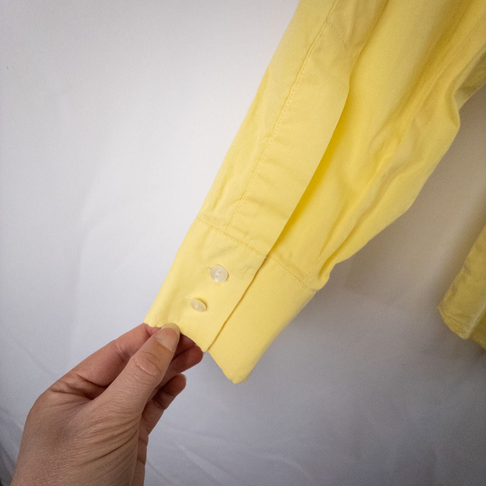 Pastel yellow Barbour original oxford long sleeve shirt laid flat showing front, collar, cuffs and back views image 8