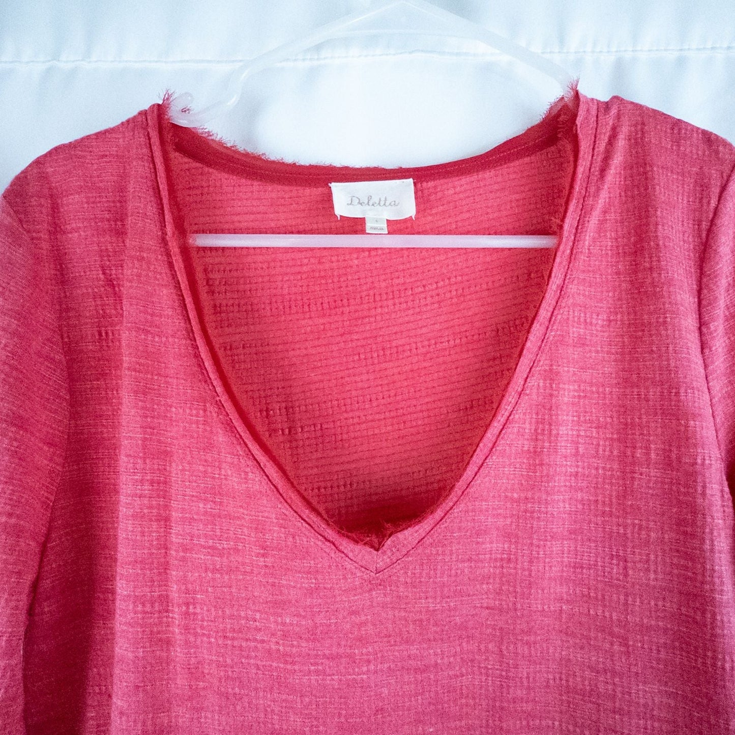 Anthropologie Deletta pink tiered ruffle long sleeve top with v-neckline and textured knit fabric image 2
