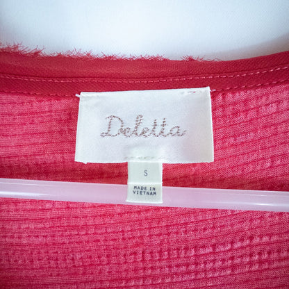 Anthropologie Deletta pink tiered ruffle long sleeve top with v-neckline and textured knit fabric image 7