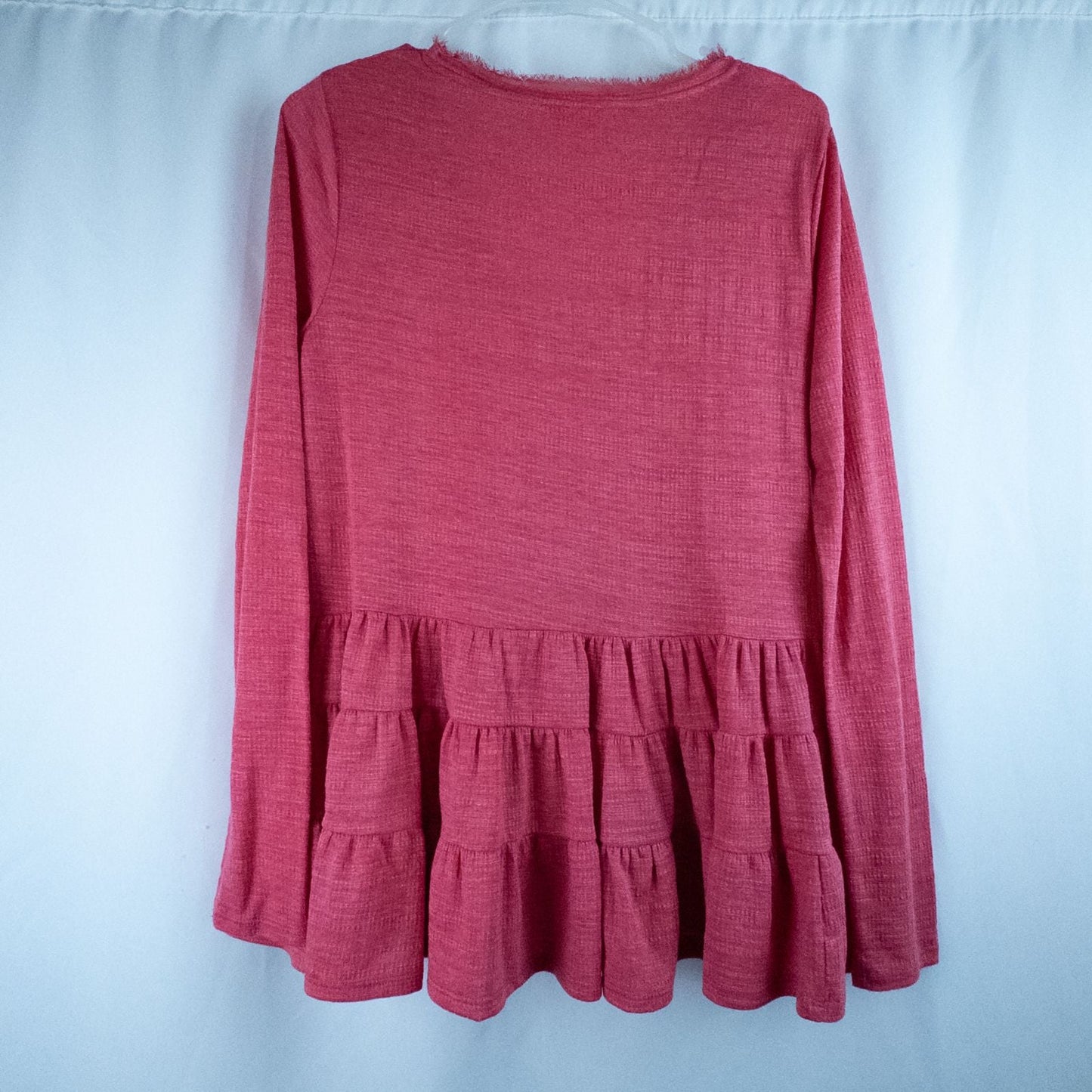 Anthropologie Deletta pink tiered ruffle long sleeve top with v-neckline and textured knit fabric image 5