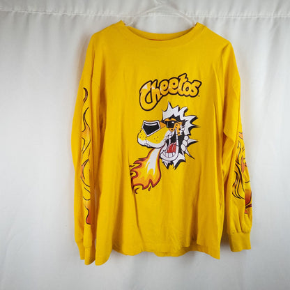 Yellow long sleeve shirt with Cheetos flame-breathing mascot graphic on front and flaming hot text on back