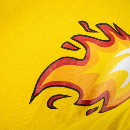 Yellow long sleeve shirt with Cheetos flame-breathing mascot graphic on front and flaming hot text on back image 3