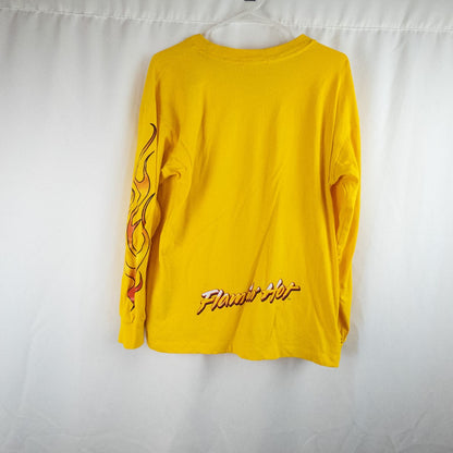 Yellow long sleeve shirt with Cheetos flame-breathing mascot graphic on front and flaming hot text on back image 5