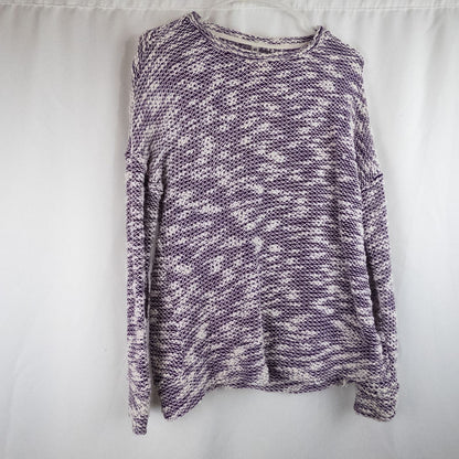 Purple and white striped open knit Fabletics sweater with textured yarn and relaxed oversized fit, shown front and close-up of knit texture and minor snags