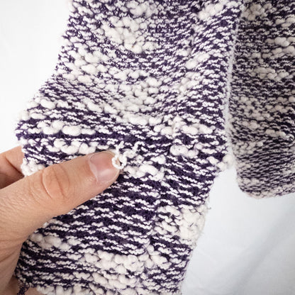 Purple and white striped open knit Fabletics sweater with textured yarn and relaxed oversized fit, shown front and close-up of knit texture and minor snags image 6