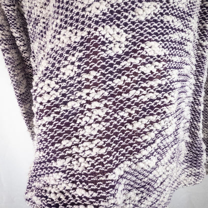 Purple and white striped open knit Fabletics sweater with textured yarn and relaxed oversized fit, shown front and close-up of knit texture and minor snags image 3