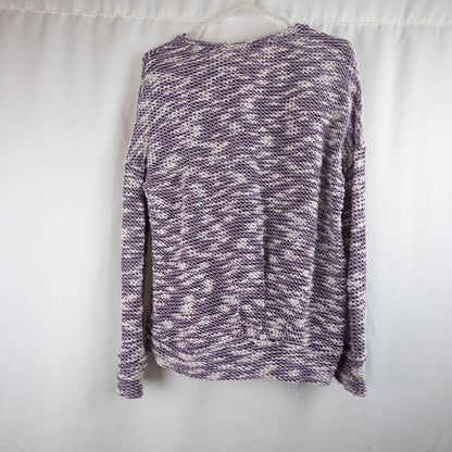 Purple and white striped open knit Fabletics sweater with textured yarn and relaxed oversized fit, shown front and close-up of knit texture and minor snags image 8