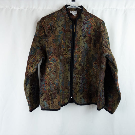 Bonworth vintage multicolor brown tapestry jacket with zipper front and relaxed silhouette on hanger
