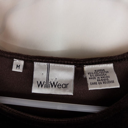 Williwear vintage brown velvet top with short sleeves and crew neckline hanging on a hanger image 7