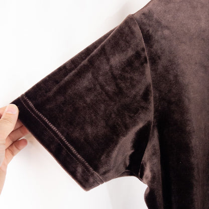 Williwear vintage brown velvet top with short sleeves and crew neckline hanging on a hanger image 3
