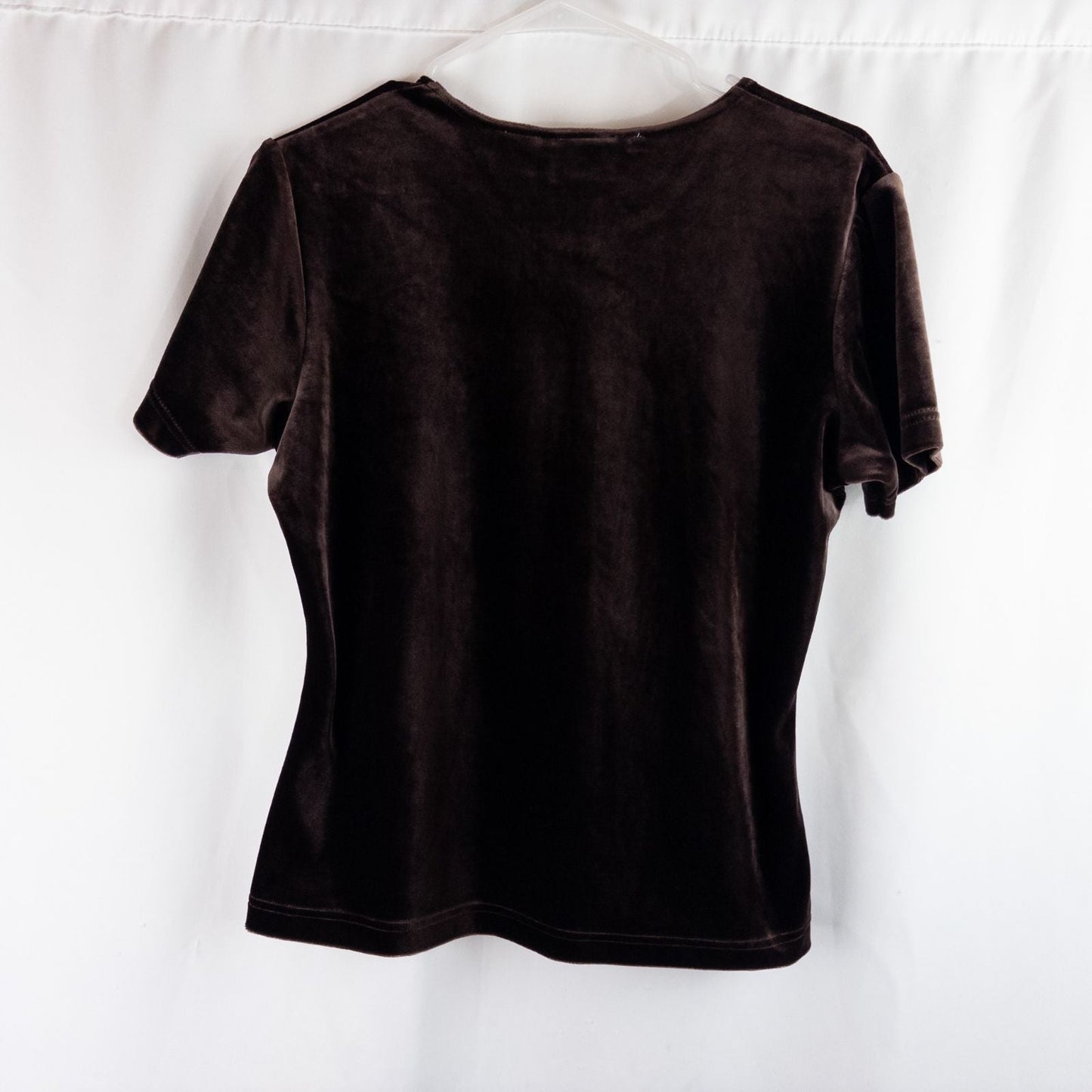 Williwear vintage brown velvet top with short sleeves and crew neckline hanging on a hanger image 5