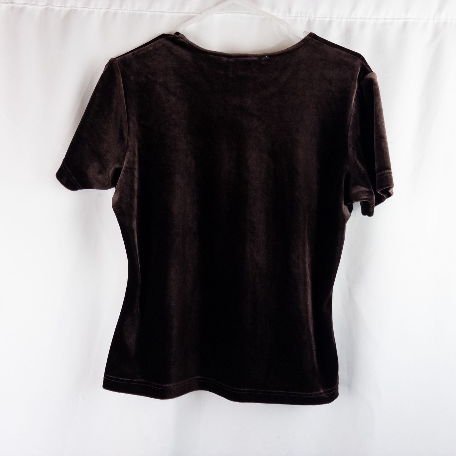 Williwear vintage brown velvet top with short sleeves and crew neckline hanging on a hanger image 5