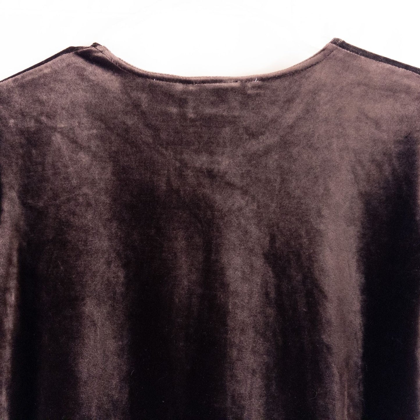 Williwear vintage brown velvet top with short sleeves and crew neckline hanging on a hanger image 6