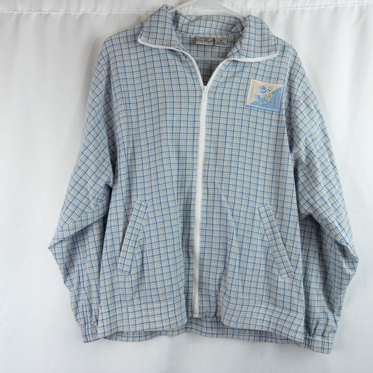 Koret vintage blue and white check striped jacket with floral patch embroidery and white zipper front closure